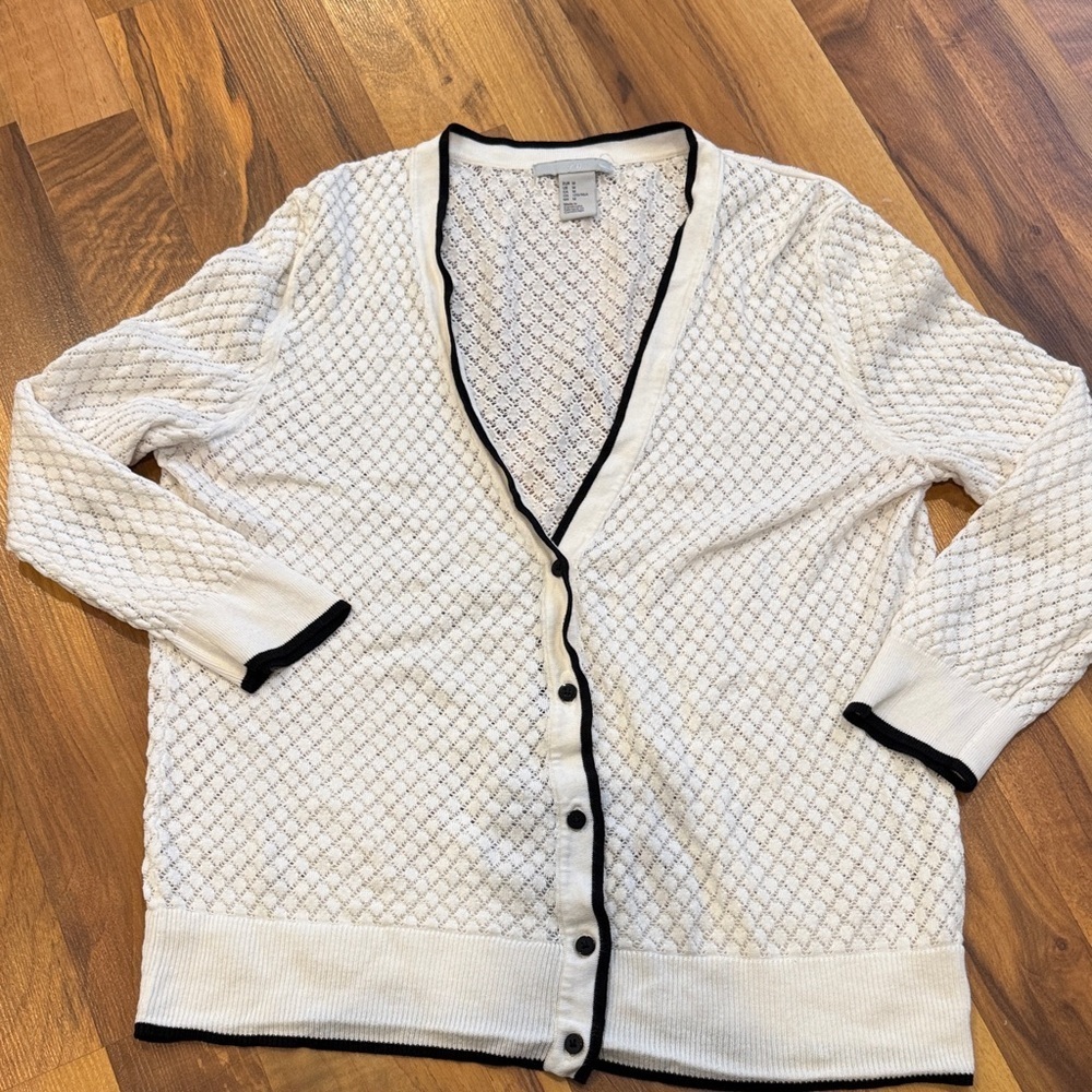 H&M White Cardigan with Black Trim